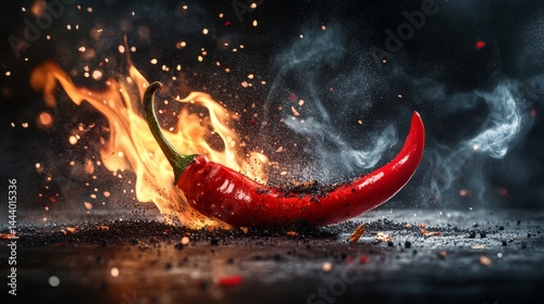 Red chili on fire with black powder on a dark background
