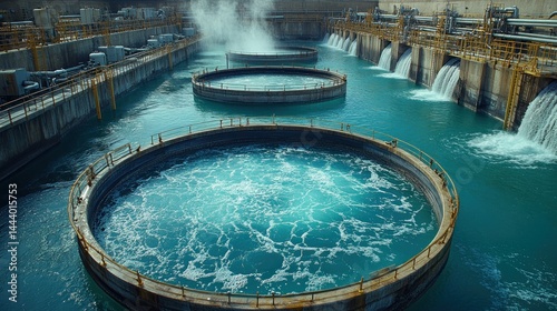 Modern Water Treatment Plant: Aerial View of Circular Clarifiers and Water Flow