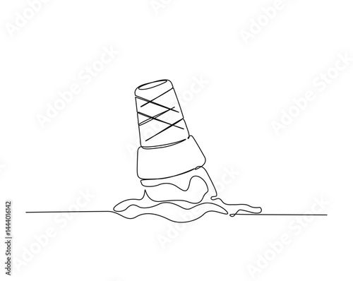 Fallen Ice cream cone outline drawing illustration. one continuous line drawing of Ice cream.