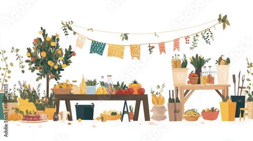 Vibrant Agricultural Market with Fresh Fruits, Vegetables, and Decorative Elements