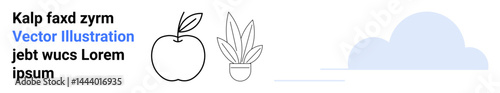 Apple, potted plant, and cloud placed in a minimalist setup. Ideal for health, nature, gardening, wellness, lifestyle education sustainability. Perfect for flat landing page banner