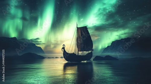 Mystical Viking Boat Sailing Under the Aurora Borealis in Tranquil Waters