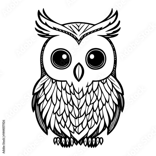 Stylized owl illustration with expressive eyes and feathered texture in monochrome