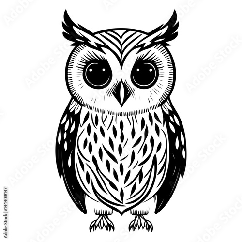 Stylized monochrome owl illustration with intricate feather details and bold outlines