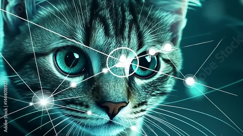 Close-up of a cat's face with digital connections, showcasing technology and nature integration
