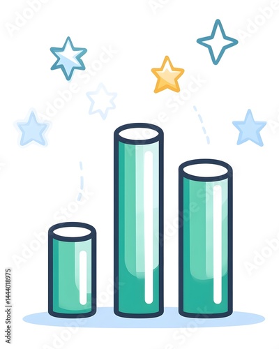 Three teal cylinders of increasing height, surrounded by sparkling stars, illustrating growth and success