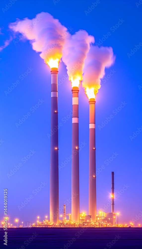 Fototapeta premium Three tall industrial smokestacks emitting glowing fumes against a twilight sky, with a smaller structure in the foreground and faint ground lights