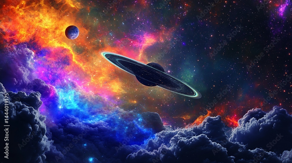 A Captivating Vision of a Ringed Planet Amidst Colorful Nebula and Distant Stars A Captivating Vision of a Ringed Planet Amidst Colorful Nebula and Distant Stars