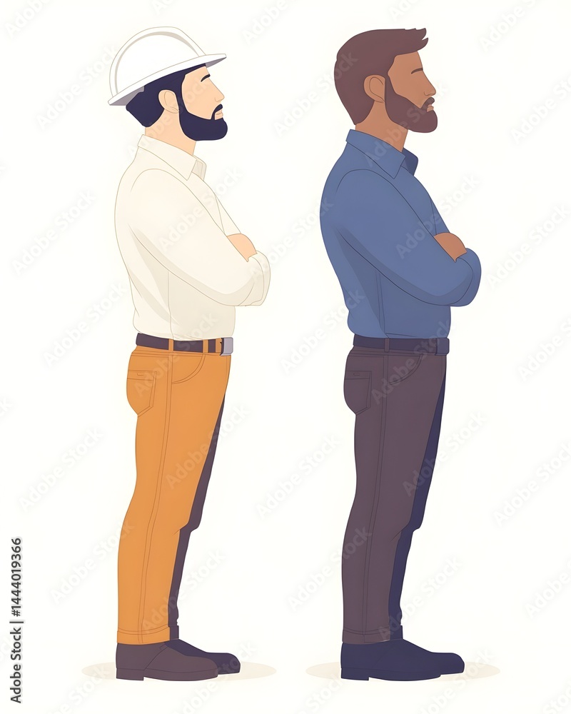 Two men in profile, one in work attire, the other in business casual, stand back-to-back with arms crossed Two men in profile, one in work attire, the other in business casual, stand back-to-back with arms crossed