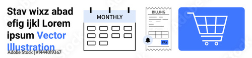 Monthly calendar, billing receipt with payment alert, shopping cart icon. Ideal for subscription management, e-commerce, invoicing, scheduling, payment tracking, online services simple landing page