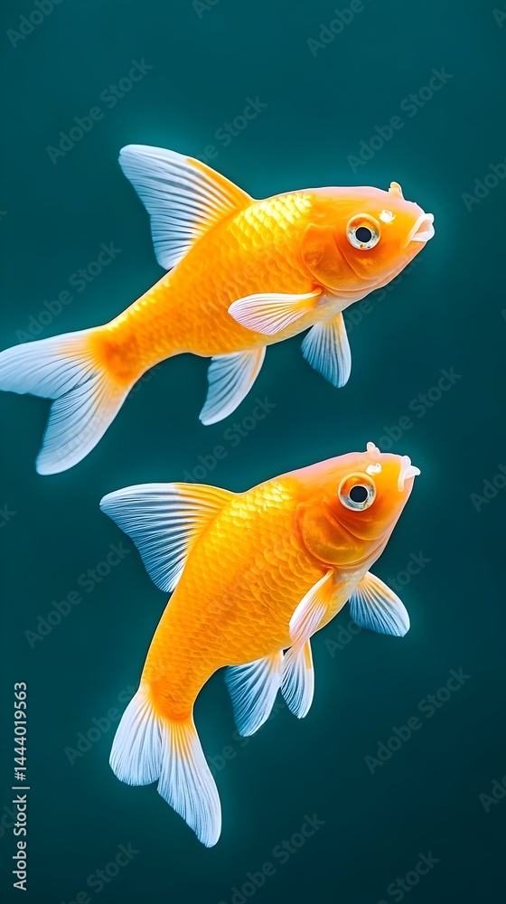 Two vibrant orange fish with white fins swim against a teal backdrop Two vibrant orange fish with white fins swim against a teal backdrop