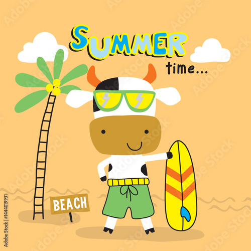 Cartoon cow in lightning sunglasses and green shorts holding surfboard near palm tree and beach sign with summer time text on peach background. Tropical vacation concept

