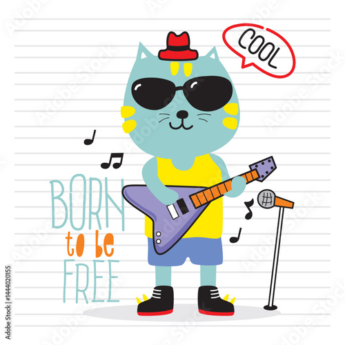 Cartoon cat wearing sunglasses red hat and sneakers playing purple electric guitar with born to be free text and microphone on lined background. Musical freedom concept
