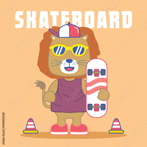 Cartoon lion wearing cap sunglasses and sneakers holding skateboard with traffic cones on orange background. Cool street sport concept
