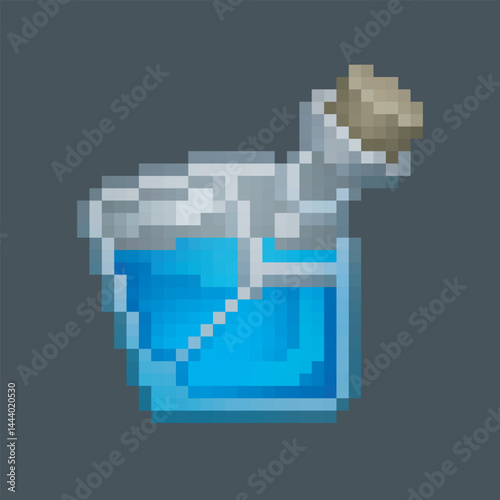 blue potion conical bottle in pixel art style with isolated background