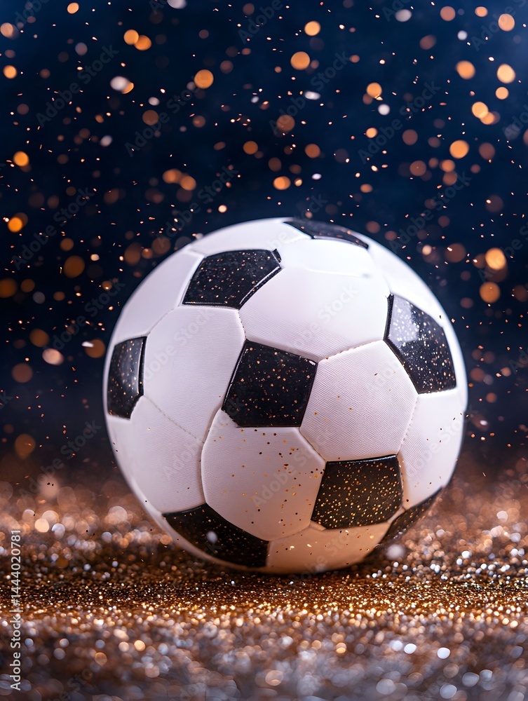 Fototapeta premium A black and white soccer ball sits on gold glitter, with sparkling lights falling around it