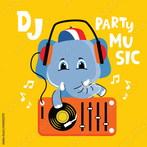 Cartoon elephant wearing headphones spinning vinyl on DJ mixer with musical notes and party text on yellow background. Music entertainment concept
