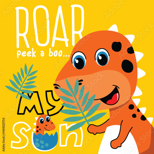 Cartoon orange dinosaur peeking through tropical leaves with baby dino hatching from egg and playful text on yellow background. Family animal concept
