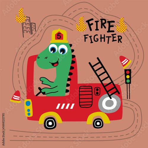 Cartoon dinosaur driving red fire truck with firefighter hat on winding road with ladders and traffic signs on brown background. Emergency rescue concept
