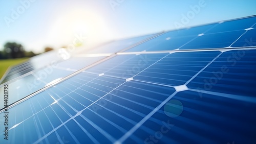 Close-up of clean blue photovoltaic solar panels under direct sunlight 