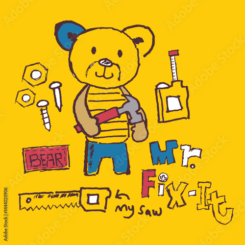Cartoon bear in striped shirt holding hammer with scattered tools and fix-it text on yellow background. Construction helper concept
