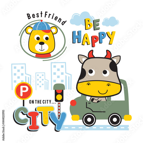 Cartoon cow driving green car through city with traffic signs and bear friend icon surrounded by playful text on white background. Urban travel concept
