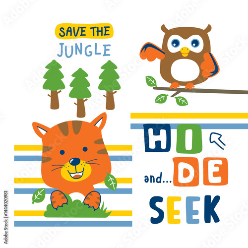 Cartoon tiger and owl playing hide and seek with jungle tree icons and striped background on white canvas. Wildlife playtime concept
