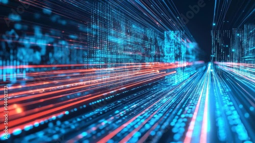 Futuristic cityscape digital data stream with glowing blue and red lines, abstract technology background showcasing urban skyline, high speed motion, innovation, and cyber space network energy modern