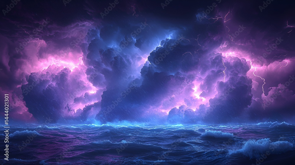 Fototapeta premium Dramatic purple lightning storm over dark ocean.