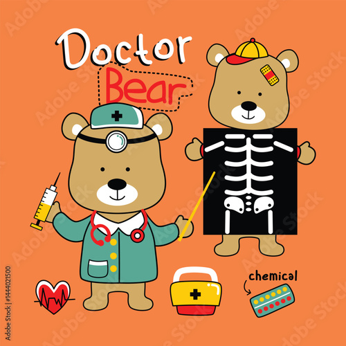 Two cartoon bears in medical roleplay showing doctor with syringe and patient with x-ray film. Healthcare education concept
