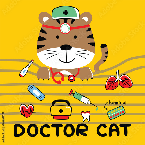 Cartoon cat dressed as doctor with stethoscope and syringe surrounded by medical icons. Veterinary healthcare concept
