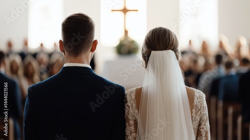 Romantic Wedding Ceremony with Bride and Groom in Front of Cross in Elegant Church Setting