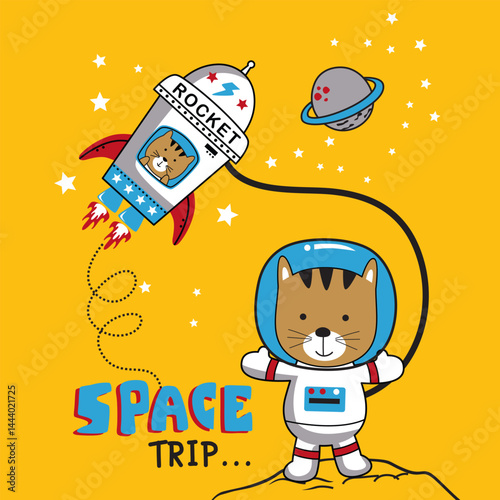 Cartoon cat in astronaut suit floating in outer space holding rocket ship with stars and planet. Space concept
