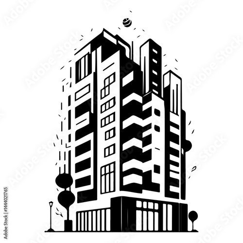 Monochrome urban landscape portraying a high-rise cityscape illustration