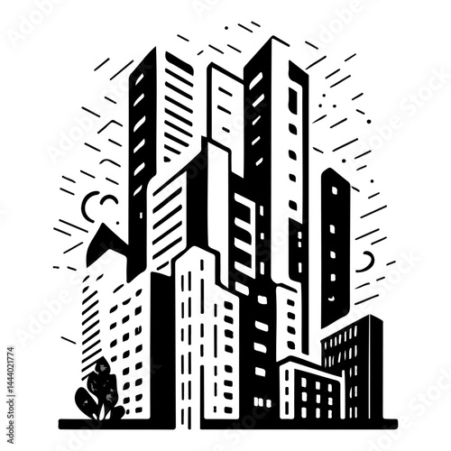Monochrome urban scene showcasing buildings and a person in thoughtful pose
