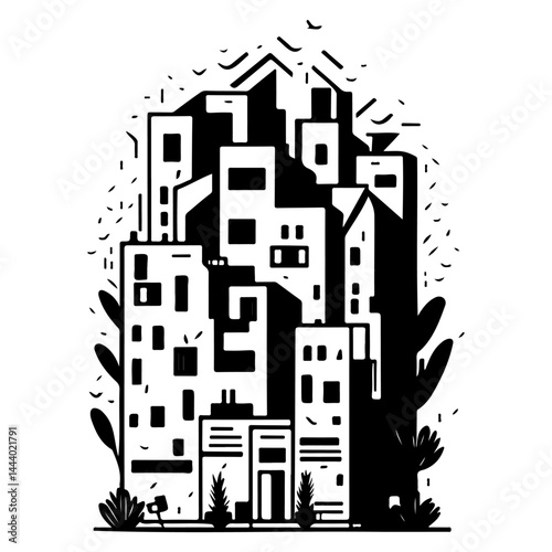 Stylized black and white illustration of a modern city skyline with greenery