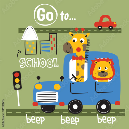 Cartoon giraffe and lion riding blue car on green road background with school building and traffic signs. Education concept
