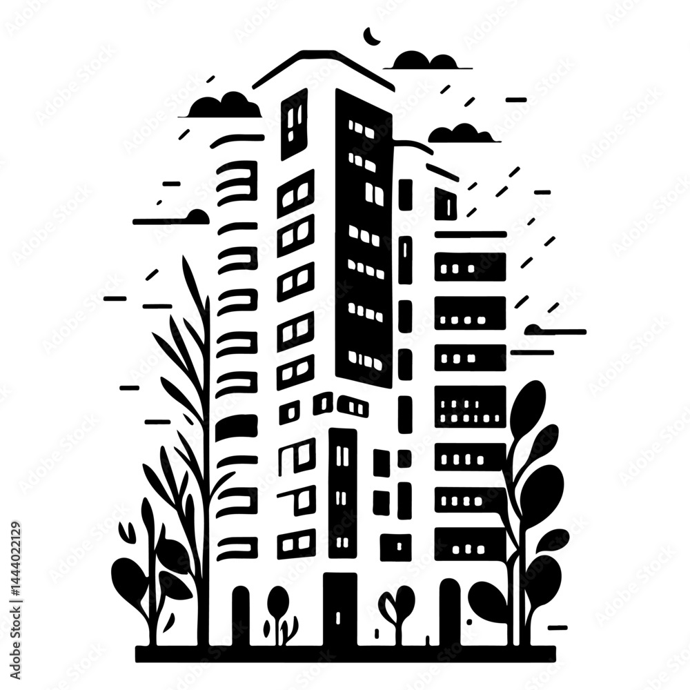 Fototapeta premium Stylized urban landscape: a graphic interpretation of architectural forms in monochrome