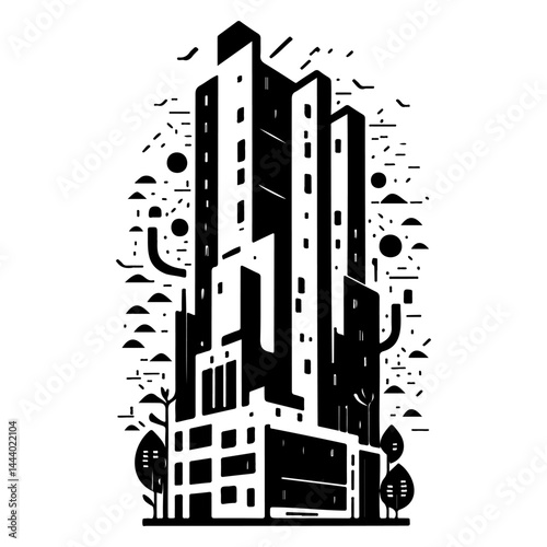 Monochrome architectural skyline illustration depicting urban development simplicity