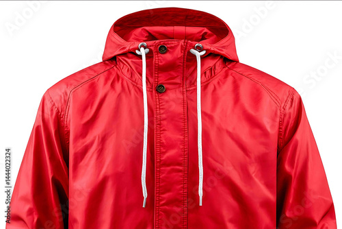 A red raincoat with hood and drawstrings waterproof material clean and minimal design front view isolated on white background realistic lighting and fabric texture studio product ph