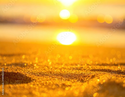 a breathtaking sunset over a sandy beach, casting a golden glow over the landscape. The sun is setting below the horizon, reflecting off the water in a beautiful way 
