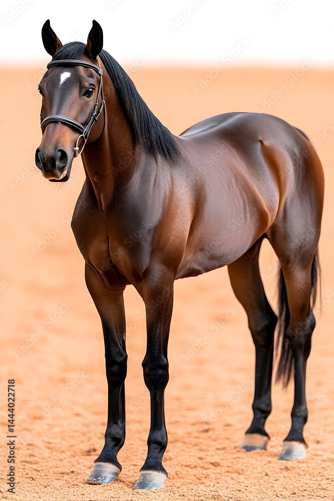 Obraz premium A chestnut horse stands calmly on a sandy arena, wearing a bridle Its coat is sleek and well-groomed