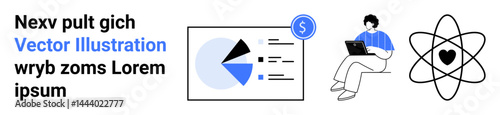 Pie chart with data analytics, person using laptop for remote work, atom diagram with heart. Ideal for business, technology, remote work, science, analysis, education simple landing page