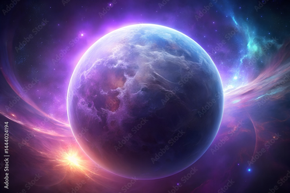 Fototapeta premium Planet in purple and blue nebula cosmic digital space
