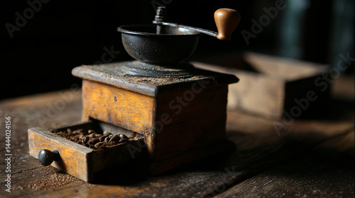 Vintage Wooden Coffee Grinder with Hand Crank and Open Drawer for Grounds