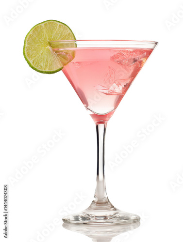 Refreshing cosmopolitan cocktail with lime wedge in martini glass, showcasing vibrant pink hue and ice cubes. Perfect for sophisticated evening