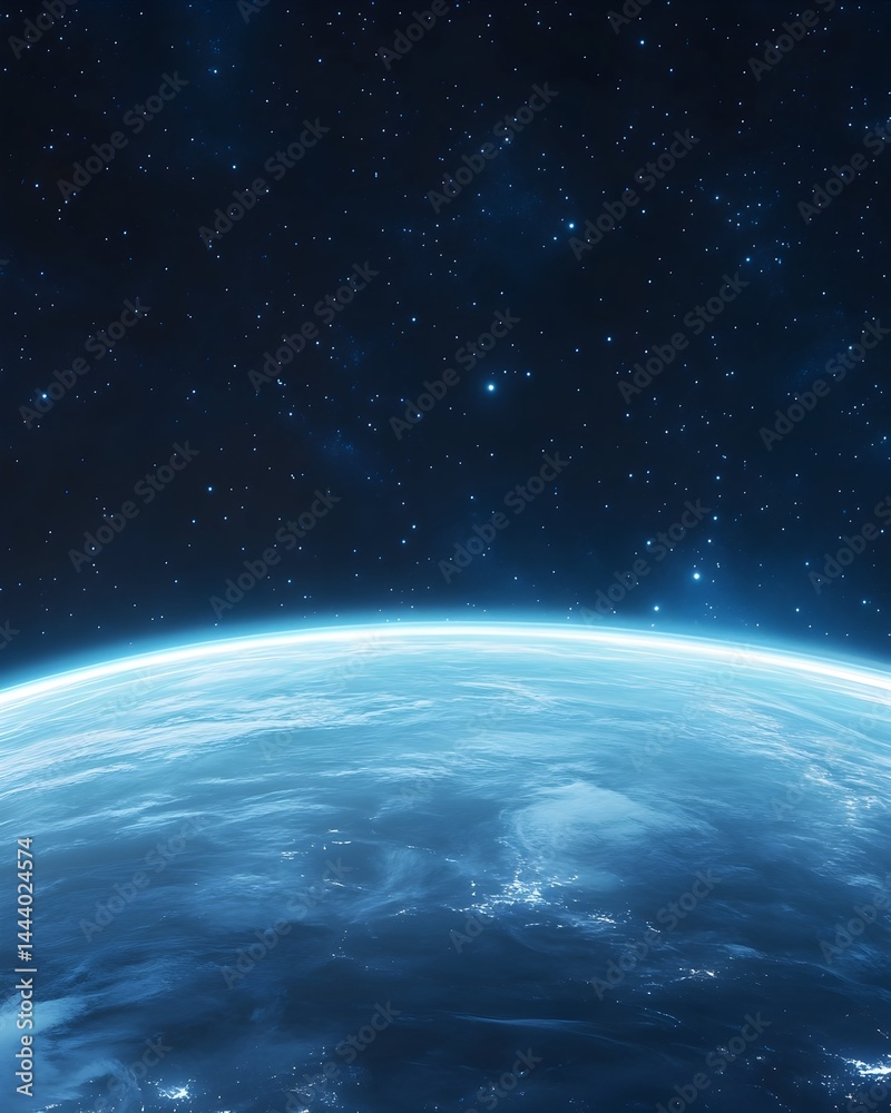 Obraz premium A serene, twilight view of Earth from space, showcasing a luminous atmospheric glow against the backdrop of a star-studded cosmos