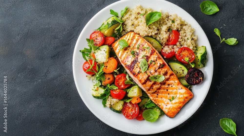 Grilled Salmon Fillet with Quinoa Salad and Fresh Vegetables Served on a White Plate Grilled Salmon Fillet with Quinoa Salad and Fresh Vegetables Served on a White Plate