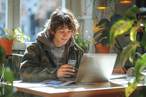 BUSTLING vibrant and talented young individual is seated at bustling table, fully engaged in their work as they utilize bustling laptop and smartphone simultaneously, eagerly receiving bustling messag