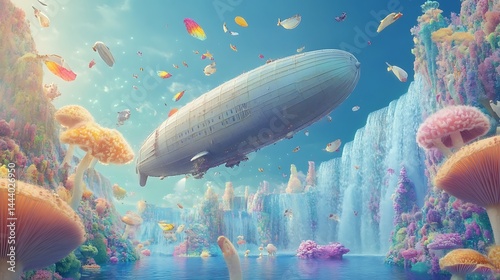 Colorful fantasy dirigible underwater scene